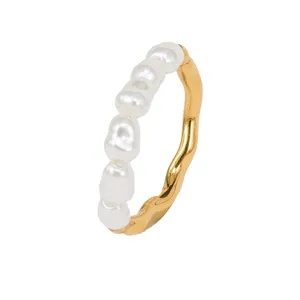 Elegant pearl and gold metal half-band ring for women, stylish elastic finger ring chic.