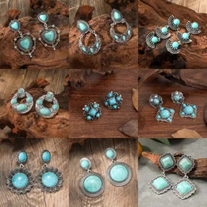 Close-up detail of vintage bohemian turquoise earrings set with various geometric shapes.