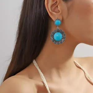 Bohemian turquoise drop earrings vintage ethnic floral statement jewelry detail shot