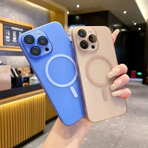 Matte frosted magnetic phone case detail, dual color options with camera lens protector.
