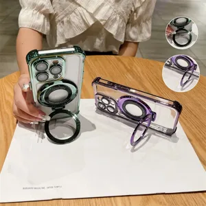 Funda de teléfono magnética transparente con soporte de anillo y borde elegante para el iPhone.