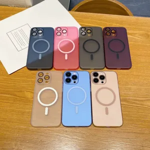 Matte magnetic phone case detail view showing frosted finish and lens protection in various colors.