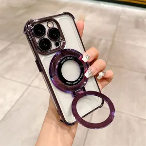Detalle de la funda magnética transparente con soporte de anillo metálico y protección de cámara.