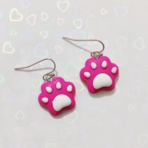 Sweet dopamine pink white cat paw drop earrings detail, cute style jewelry for girls.