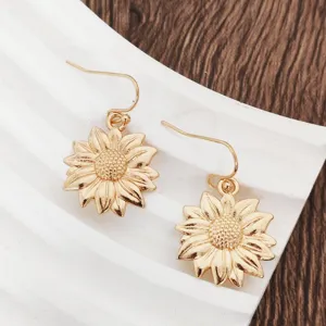 Gold sunflower drop earrings, retro bohemian floral hook ear jewelry for daily wear.