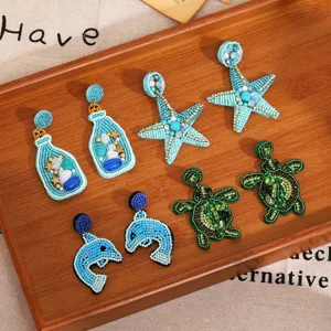 Boucles d'Oreilles Pendantes en Perles de Rocaille Tissées à la Main Vie Marine Plage Vacances Alliage Strass Étoile de Mer Dauphin Tortue pour Femme Bijoux