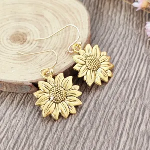 Vintage gold-toned sunflower dangle earrings for women bohemian style fashion jewelry drop
