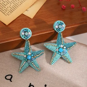 Boucles d'oreilles étoile de mer perles fait main style plage été océan bijoux en cristal bleu