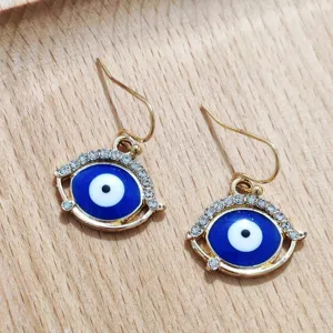 Gold plated evil eye drop earrings with blue enamel and sparkling rhinestone for daily wear.