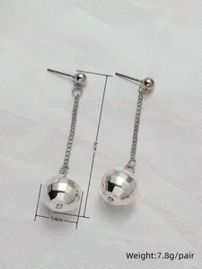 Long disco ball dangling earrings with silver chain and sphere pendant, detailed spec view.