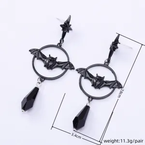 Dark gothic black bat drop earrings detail view with size and weight specs display.