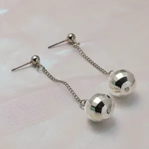 Silver disco ball drop earrings with chain trendy long stud fashion jewelry details