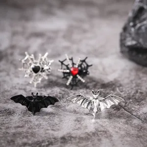 Gothic Halloween bat and spider web heart diamond ring set, stylish vintage silver rings for women.