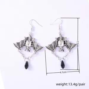 Gothic bat drop earrings with black crystal pendant, antique silver alloy finish, 7.7cm.