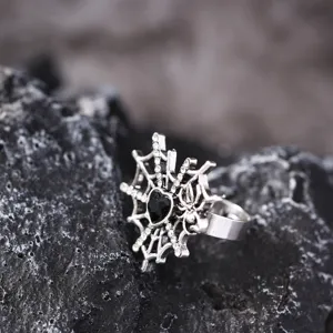 Gothic Halloween spider web ring with black heart crystal and rhinestones for women.