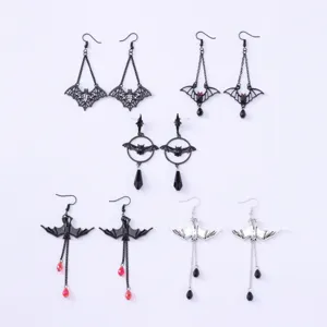 Gothic bat earrings set featuring dark vintage style with red and black crystal drops for women.