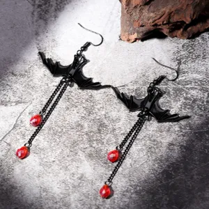 Dark Gothic Bat Earrings Alloy Rhinestone Waterdrop Tassel Dangle Earrings For Halloween Party Women Exaggerated Punk Jewelry