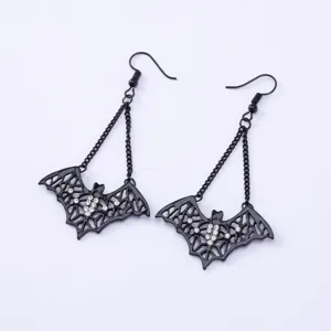 Gothic black bat dangle earrings with sparkling rhinestones, perfect for Halloween party.
