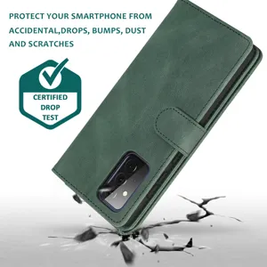 Detailed view of the green flip leather phone case featuring secure magnetic clasp closure.
