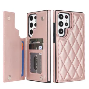 Funda protectora de cuero acolchado estilo billetera con ranuras para tarjetas Samsung.