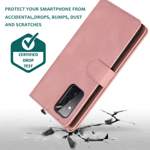 Pink leather flip wallet case for Samsung with card slots and secure magnetic clasp closure.