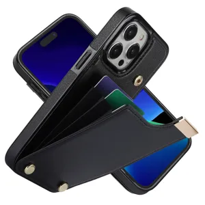 Detalle funda telefono cuero negro con ranura para tarjetas acordeon y cierre metalico.