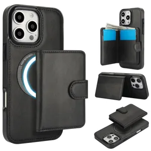 Magnetische portemonnee telefoonhoesje met afneembare kaarthouder en stander van zwart leer.