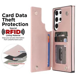 Fundas tipo cartera de cuero rosa para Samsung S25 Ultra con tarjetero y RFID.