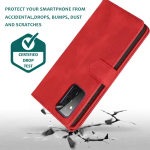 Red leather flip wallet phone case for Samsung, card slots holder protective cover durable.