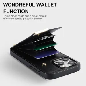 Funda de teléfono de cuero negro con tarjetero tipo acordeón para iPhone, práctica.