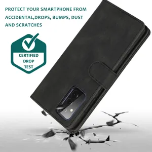 Black leather flip phone case with wallet card slots and magnetic closure for daily protection.