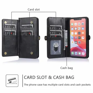 Vista dettagliata della custodia per telefono in pelle multifunzionale con tasche per carte.