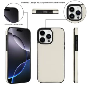 Funda de teléfono de cuero blanco con protección de cámara y soporte, compatible con iPhone.
