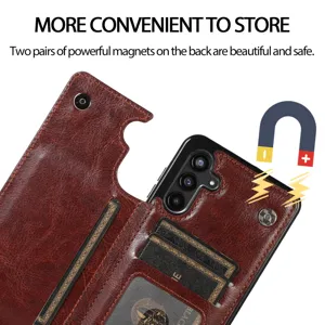 Custodia a portafoglio in pelle PU marrone con porta carte e chiusura magnetica.