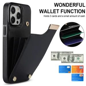 Funda de cuero negro para iPhone con ranuras para tarjetas tipo acordeón y botón metálico.