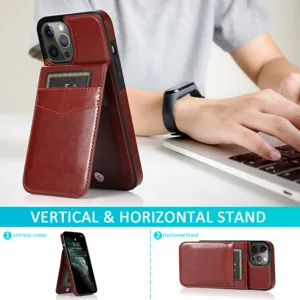 Detailopname van de lederen telefoonhoes toont verticale en horizontale standaardfunctie.