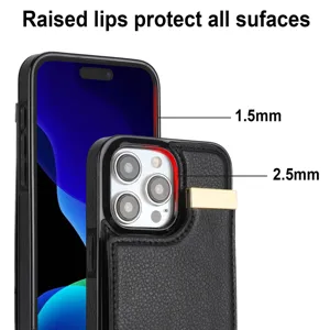 Vista detallada de funda de cuero con bordes elevados para protección de pantalla y cámara.