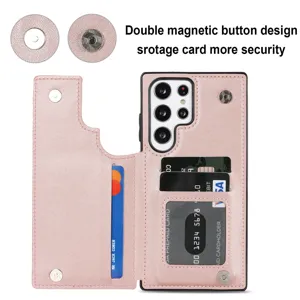 Funda de cartera de cuero rosa para Samsung Galaxy Ultra con ranuras para tarjetas.