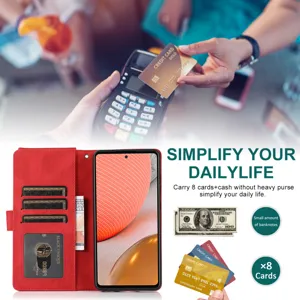 Red leather flip wallet phone case with card slots and cash pocket for daily use protection.