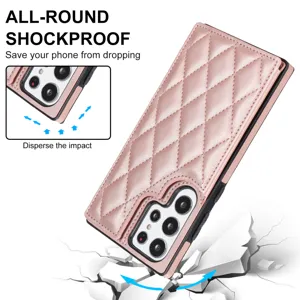 Funda de cuero acolchado rosa con tarjetero y diseño a prueba de golpes para Samsung.