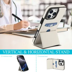 Funda de cuero blanco para iPhone con tarjetero y soporte plegable para vista vertical.