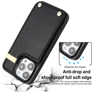 Vista detallada de la funda de cuero negro con diseño de protección contra caídas.