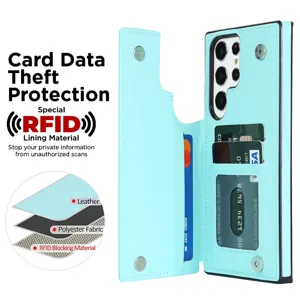 Funda de movil tipo cartera verde menta con ranuras para tarjetas y proteccion RFID Samsung Galaxy.