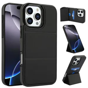 Funda de teléfono de cuero negro con tarjetero y soporte plegable, vista detallada de ángulos.