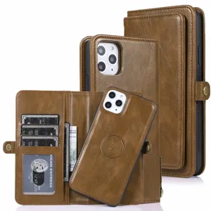 Custodia a portafoglio in pelle marrone con cover magnetica rimovibile e porta carte per iPhone