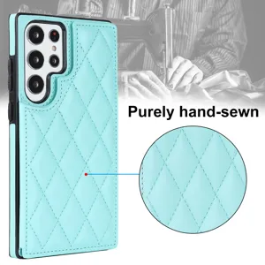 Funda de teléfono de cuero acolchado azul con tarjetero para Samsung Galaxy S25 Ultra