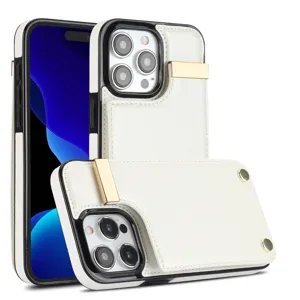 Elegante funda de cuero blanco para teléfono con tarjetero y soporte dorado iPhone.