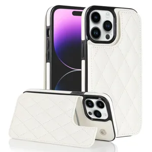 White quilted leather phone case for iPhone with card holder pocket, detailed multi-angle view.