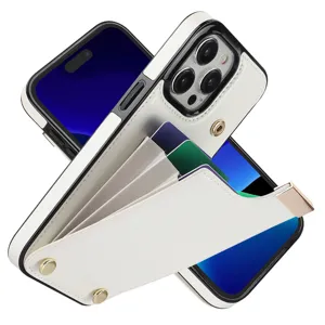 Vista detallada de la funda de teléfono de cuero blanco con tarjetero de acordeón y metal.