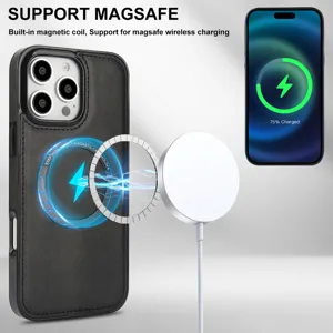 Détail de coque de téléphone en cuir magnétique avec bobine de charge et support MagSafe.